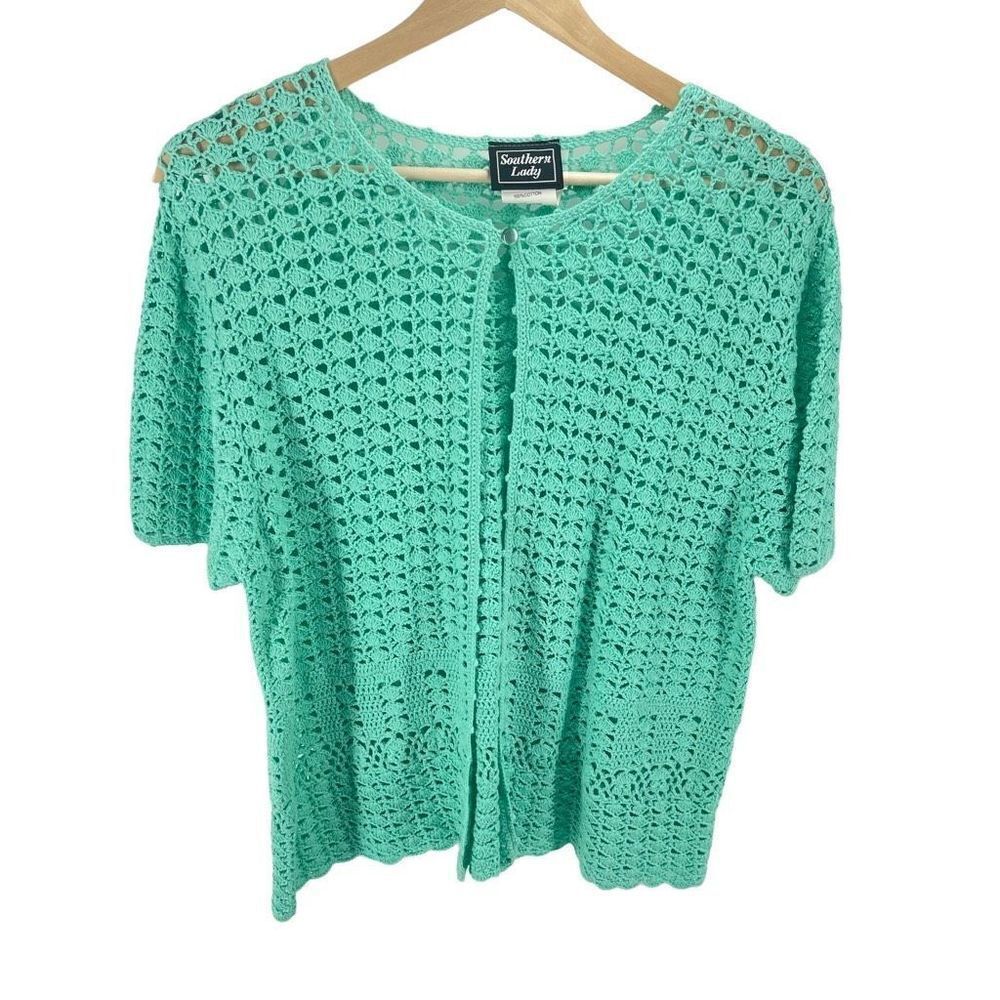 Southern Lady Women's Crochet Open Knit Cardigan large turquoise green